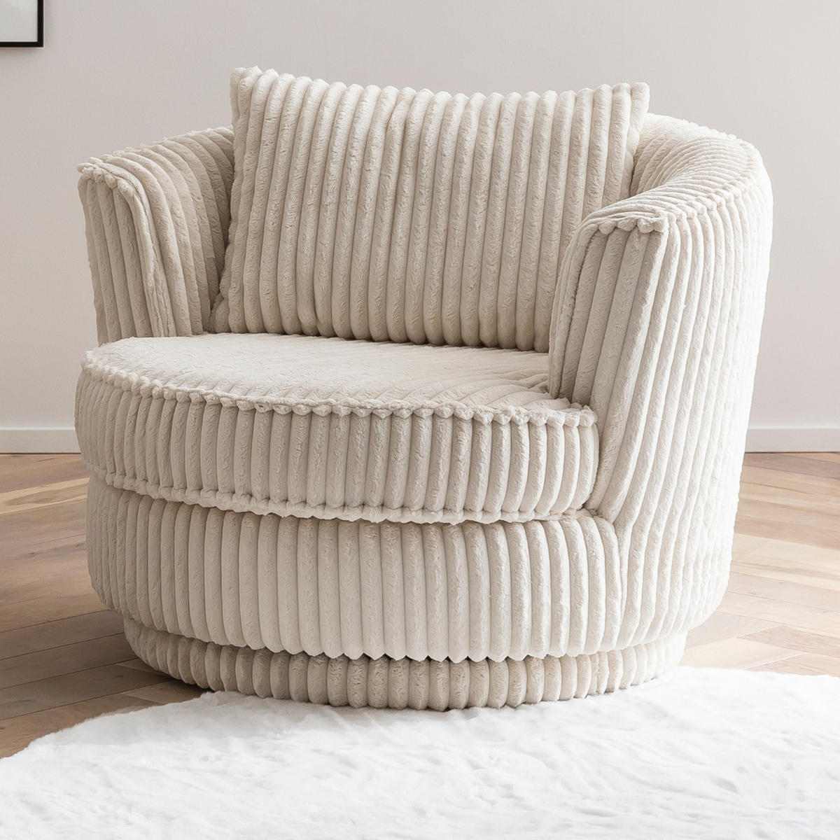 BIG-SESSEL Mega Cord creme wollweiß Ø 95 cm 360° drehbar, inklusive Kissen - Creme/Weiß, Holz/Holzwerkstoff (95/77/95cm) - Furn.Design