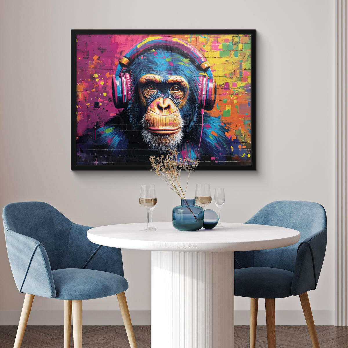 POSTER MIT RAHMEN Graffiti - Schimpanse - Straßenkunst - Kopfhörer - Affe 80x60 cm - Blau, Papier (80/60cm) - MuchoWow
