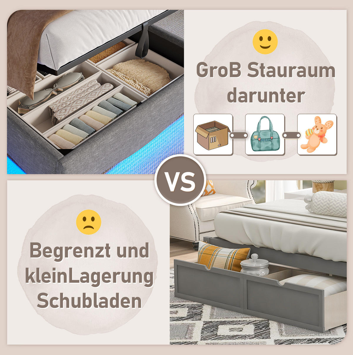 POLSTERBETT 90/200 cm Grau aus Leinen mit LED-Beleuchtung und Stauraum - Grau, Textil (90/200cm) - OKMYHOME