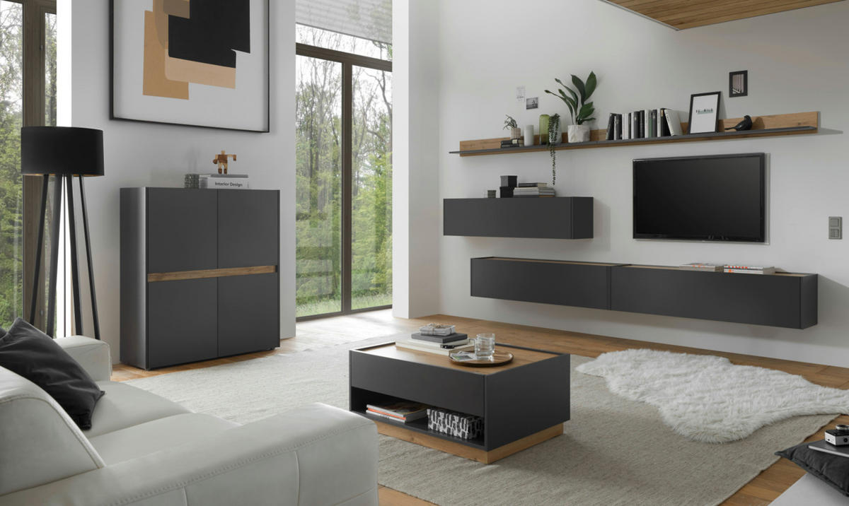 WOHNWAND 5-teilig grau matt, Eiche Wotan 340 cm, Schrankwand hängend - Eiche Wotan/Grau, Holz/Holzwerkstoff (340/180/30cm) - Furn.Design