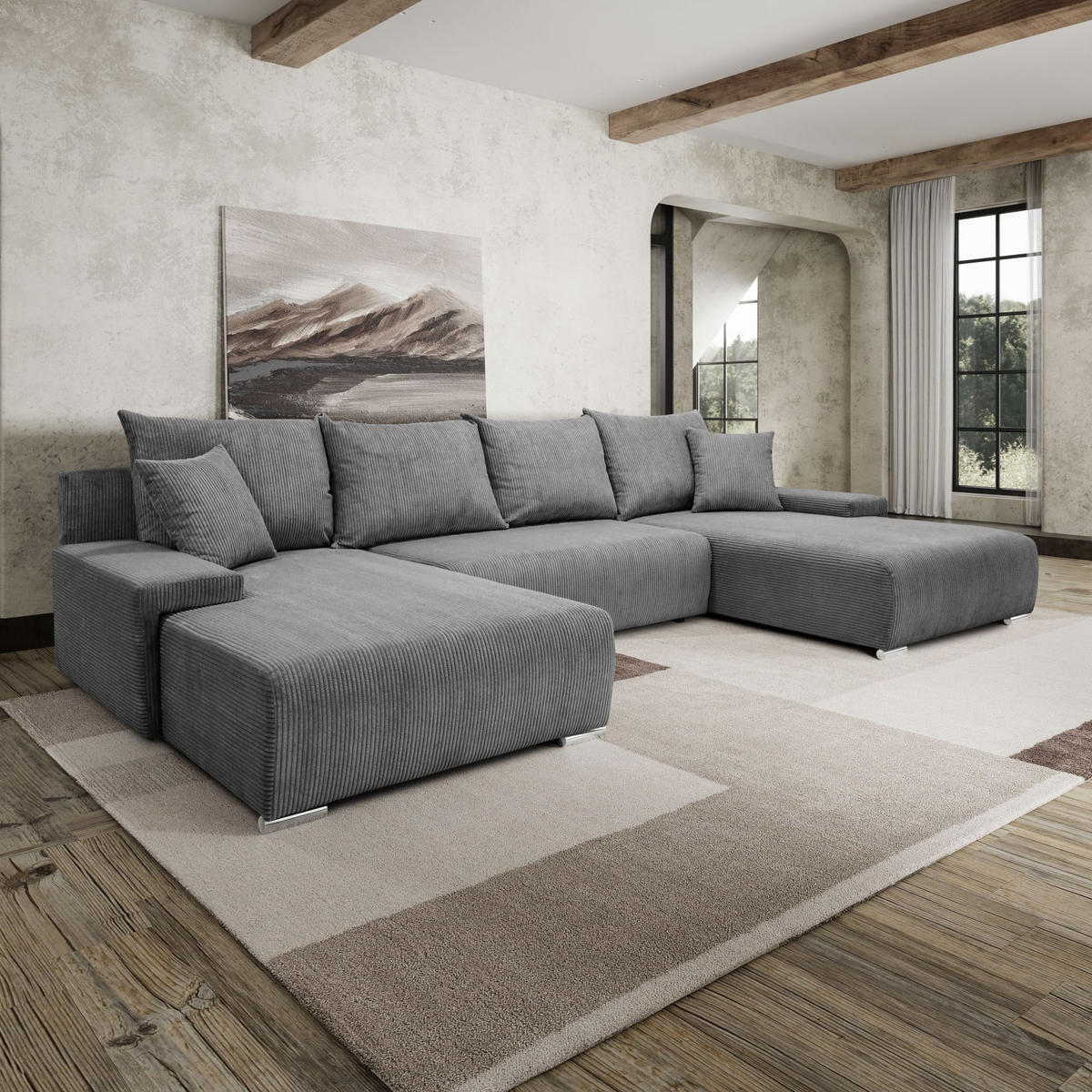 ECKSOFA U-Form Livorno Schlaffunktion Cord-Stoff Grau - Grau, Holz/Kunststoff (348/93/188cm) - Kaiser Möbel