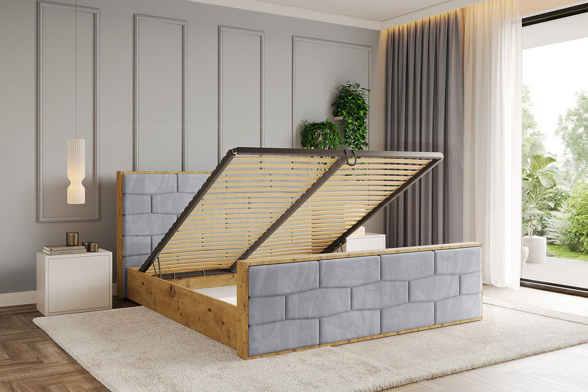 POLSTERBETT mit Bettkasten, Fußteil und Lattenrost, Boxbett mit Matratze H3/H4 - ENZO8-Z 200x200 Hellgrau - Hellgrau, Holzwerkstoff/Textil (200/200cm) - ALTDECOR