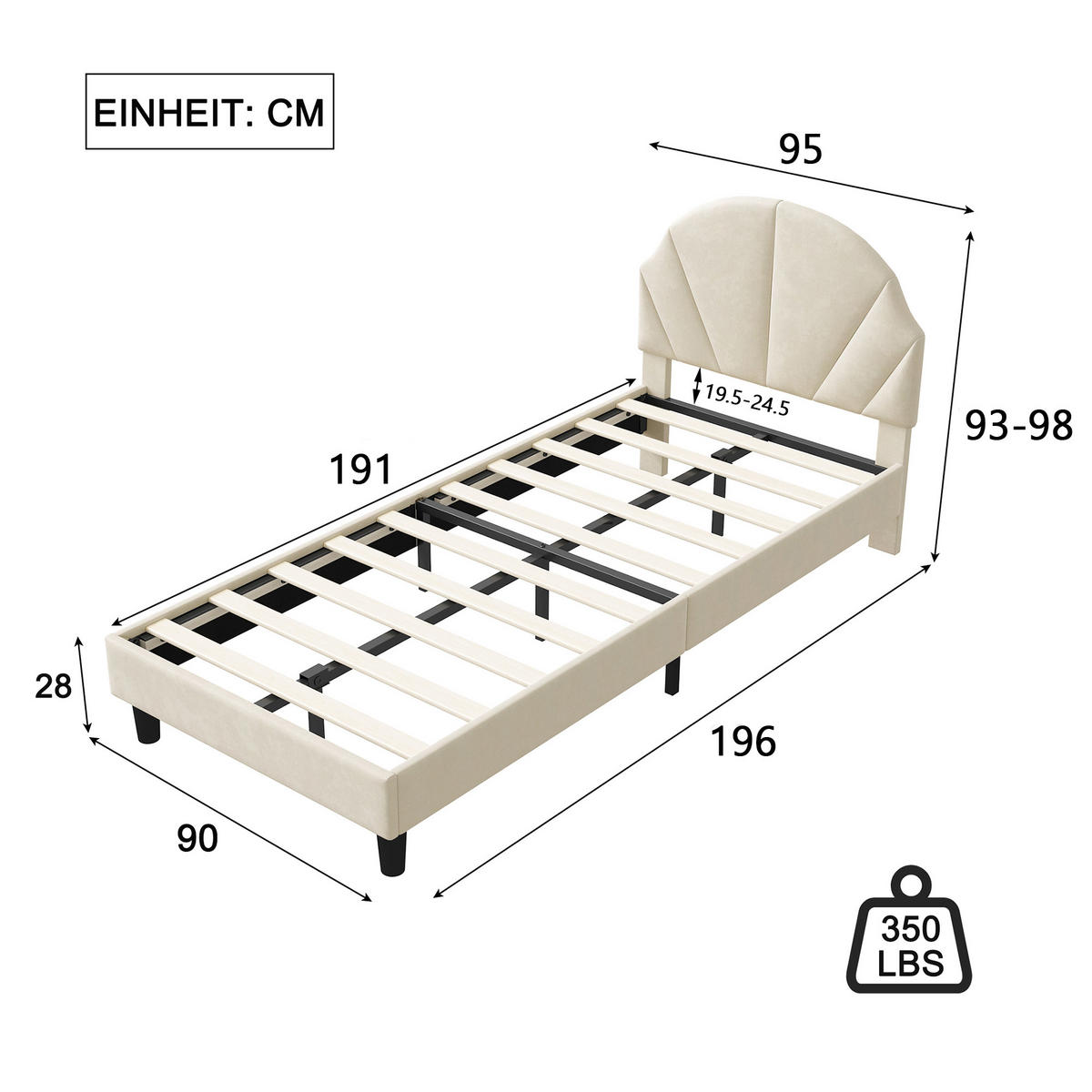 KINDERBETT 90x190 cm höhenverstellbarem Kopfteil,Einzelbett mit Lattenrost,Samtstoff, Beige - Beige, Holz/Holzwerkstoff (90/190cm) - BursDany