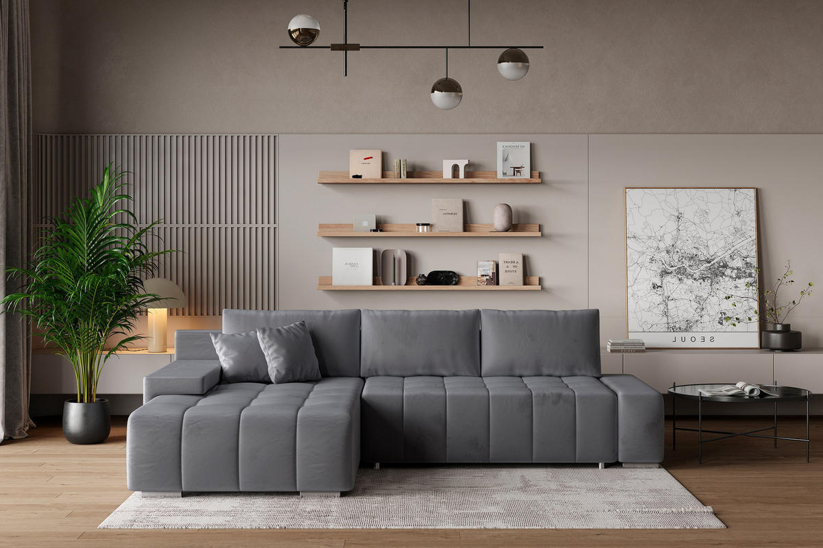 ECKSOFA ALESE L-S Grau Velours-Stoff mit Schlaffunktion - Grau, Holz (265/185cm) - MASSENO