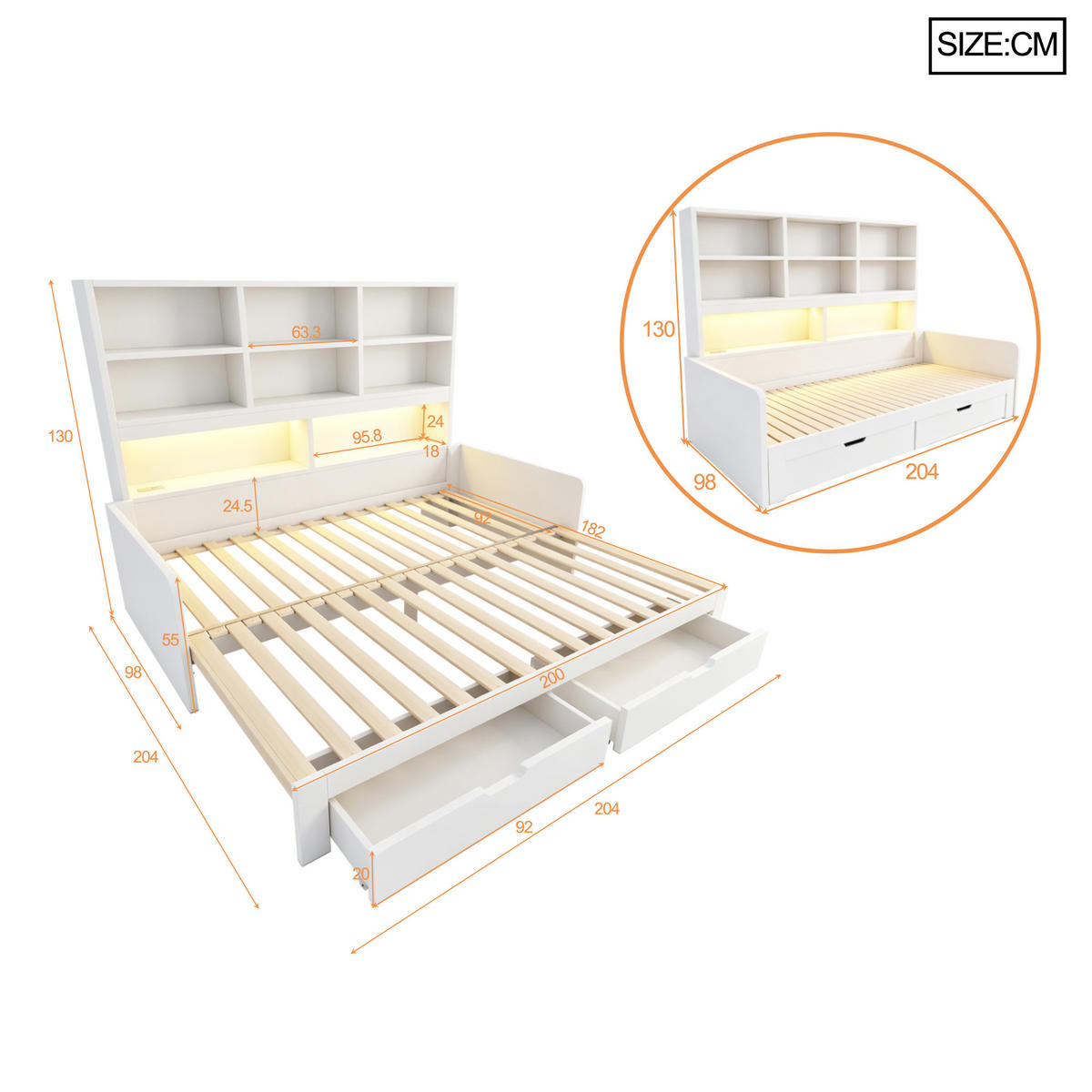 AUSZIEHBETT 90/180/200 cm mit Stauraum und LED, DE-41639, in Weiß - Weiß, Holzwerkstoff (90/200cm) - ComfortXL