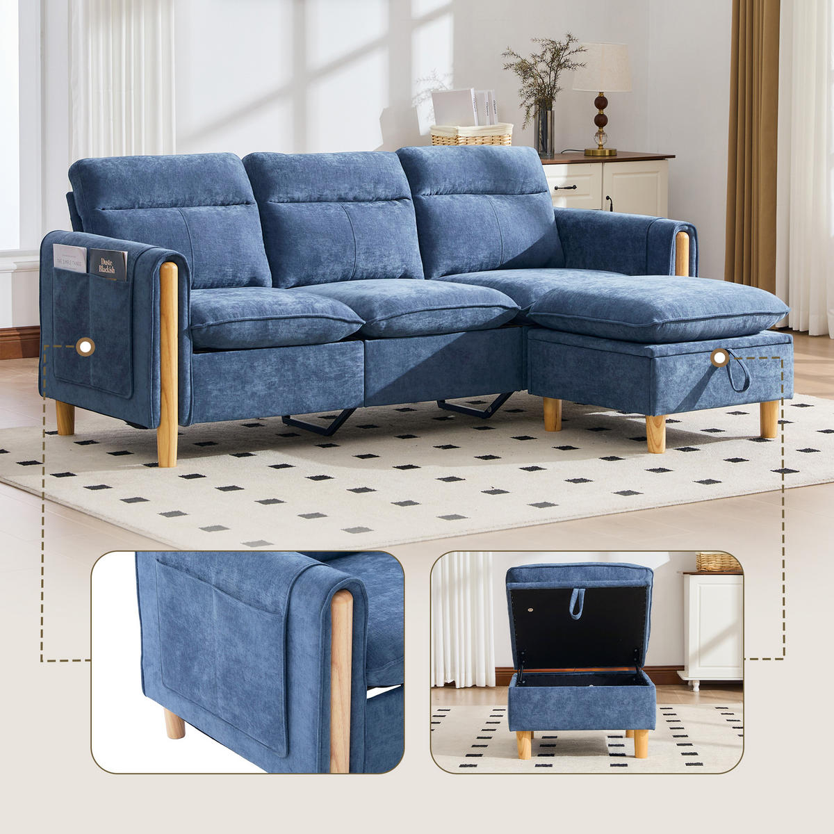 ECKSOFA DE-33940 mit Stauraumhocker und Seitentaschen Blau - Blau, Holz (77/201cm) - ComfortXL