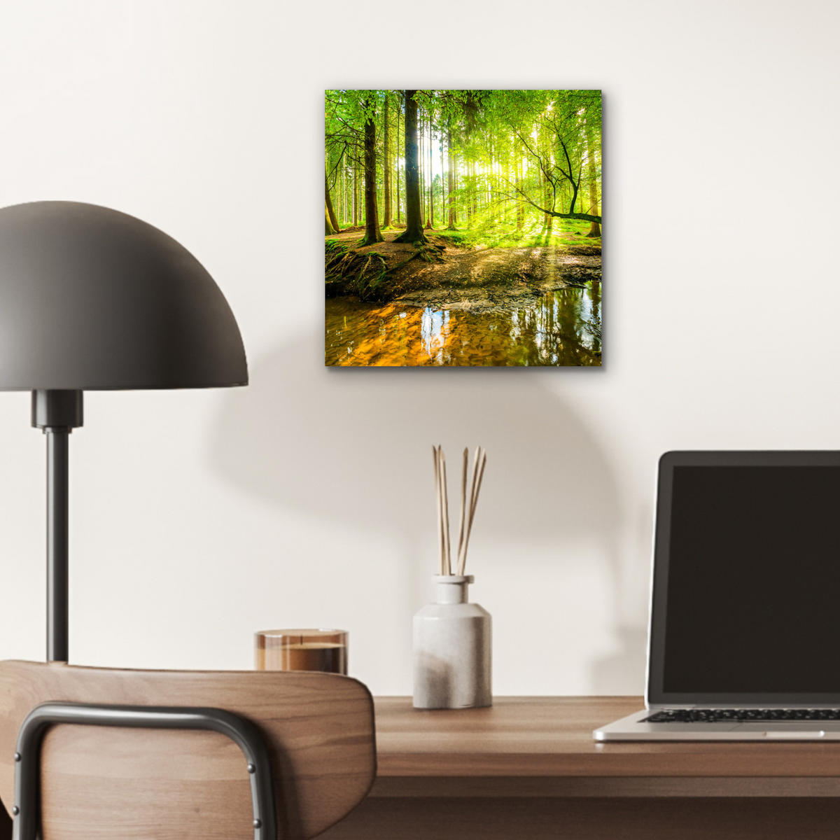 METALLBILD Wald - Landschaft - Wasser - Bäume - Sonne - Grün - Natur 20x20 cm - Grün, Metall (20/20cm) - MuchoWow
