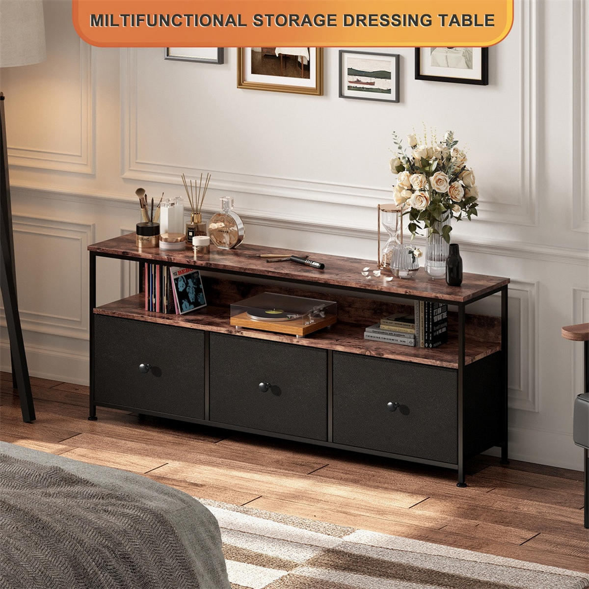 TV-LOWBOARD 108cm - mit LED-Beleuchtung und Stoffschubladen - Industrial-Stil Holz-Natur und Schwarz - Schwarz, Holzwerkstoff (29.8/57/108cm) - DELFA