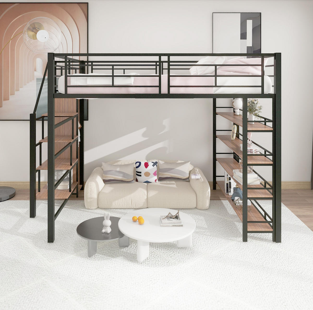 HOCHBETT 140/200 cm schwarz mit Stauraumtreppe und hohem Zaun mit Matratze - Schwarz, Metall (140/200cm) - OKWISH