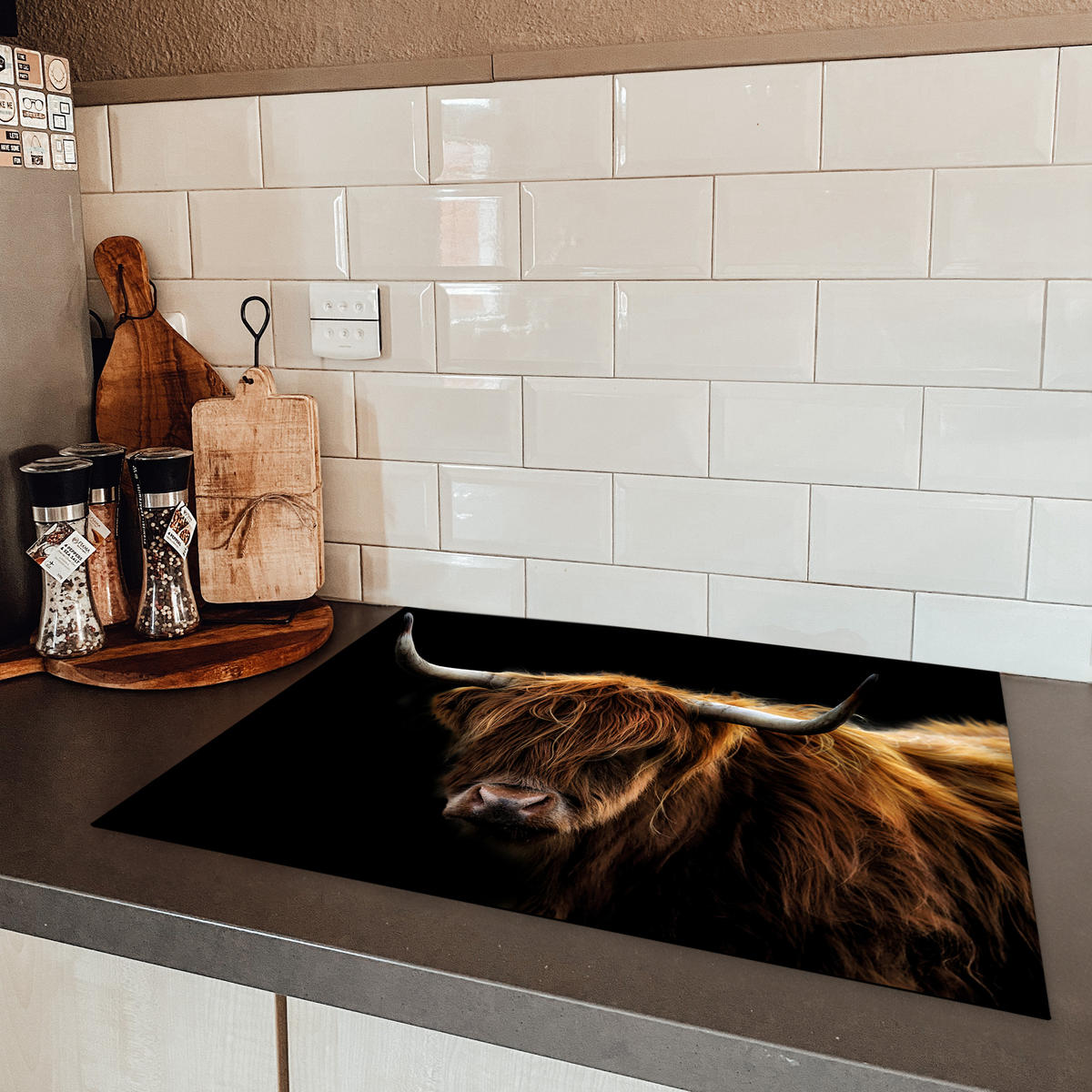 HERDABDECKPLATTE Schottischer Highlander - Hörner - Schwarz - Tiere - Natur - Wild - Kuh Herdabdeckung Induktionsfeld 70x52 cm - Cognac, Kunststoff (70/52/0.2cm) - MuchoWow