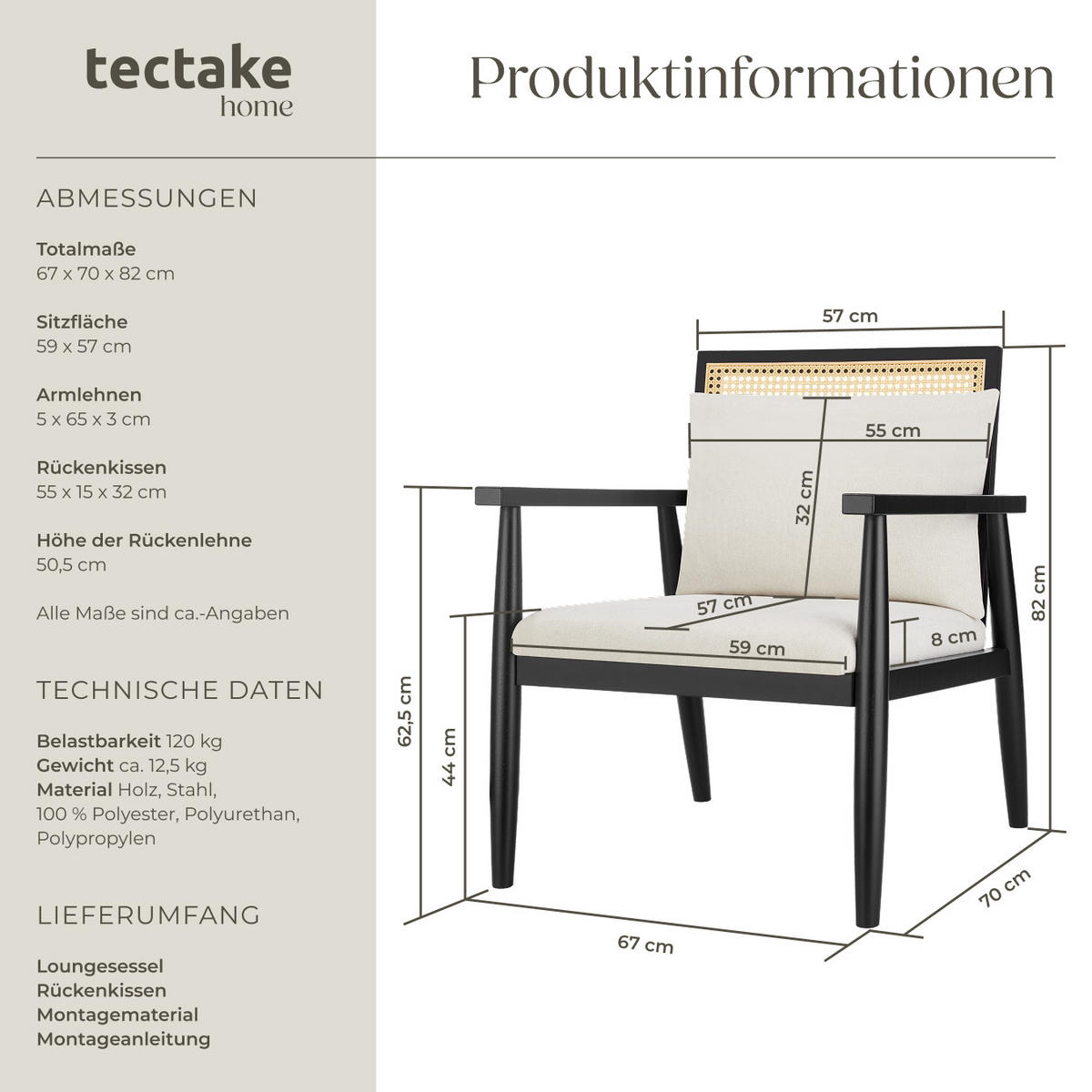 LOUNGESESSEL Manuela,67 x 70 x 82 cm,weiß - Weiß, Holz (67/82/70cm) - tectake