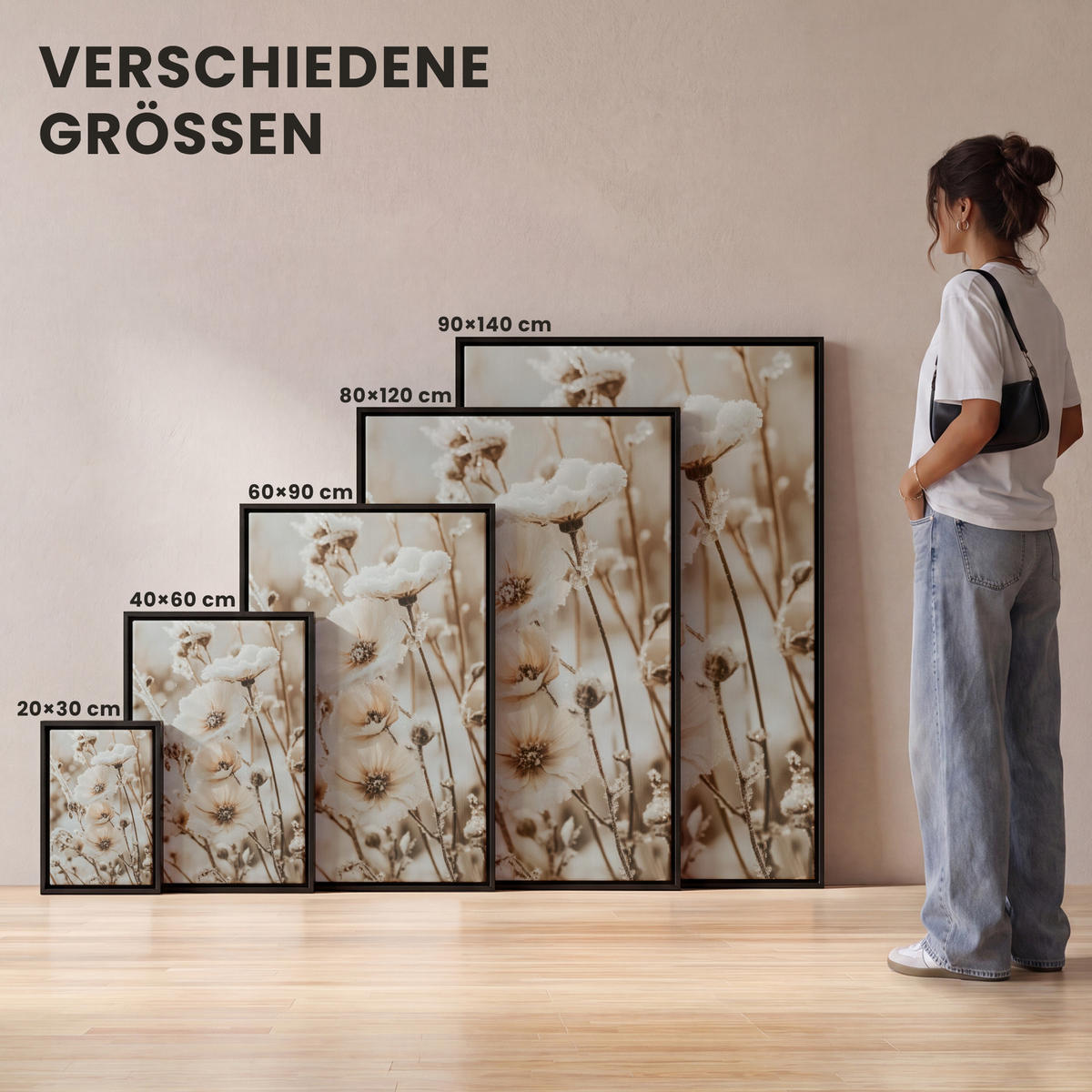 LEINWAND Bilder mit Rahmen - Blumen - Winter - Weiß - Schnee - Beige - 90x140 - Creme, Textil (90/140cm) - MuchoWow