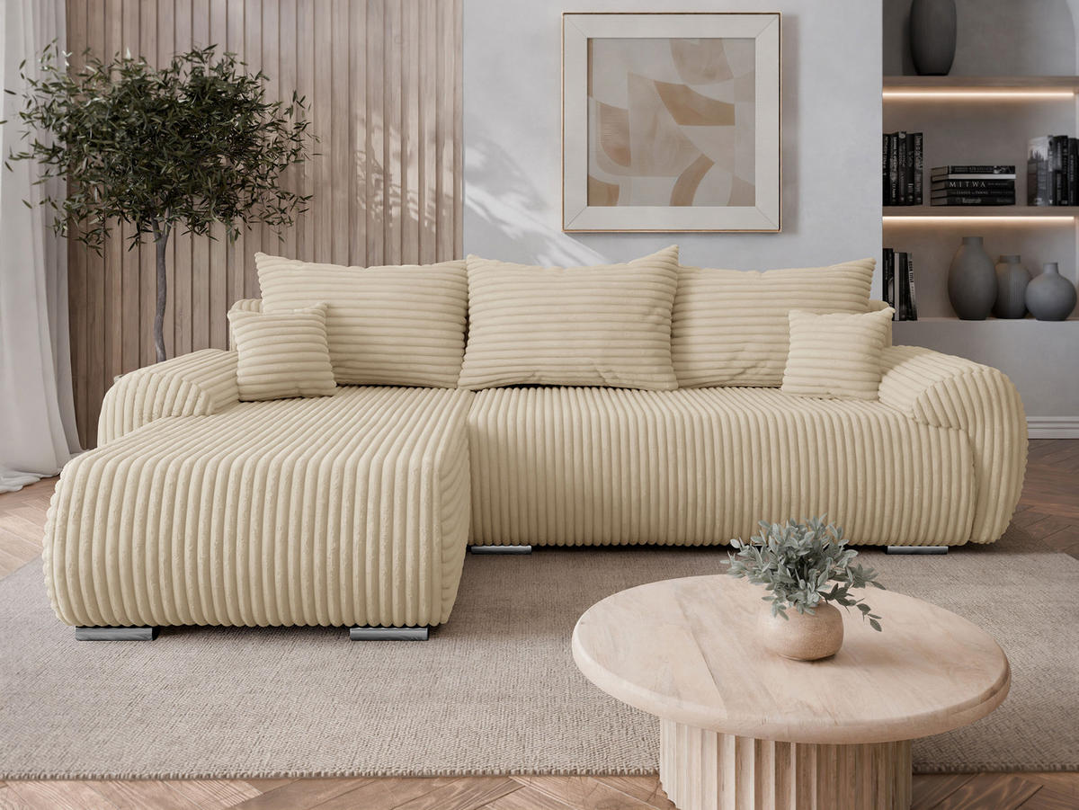ECKSOFA Ubo L Cord, Seite: Links - Beige/Silberfarben, Holz/Kunststoff (282/187cm) - MIRJAN24