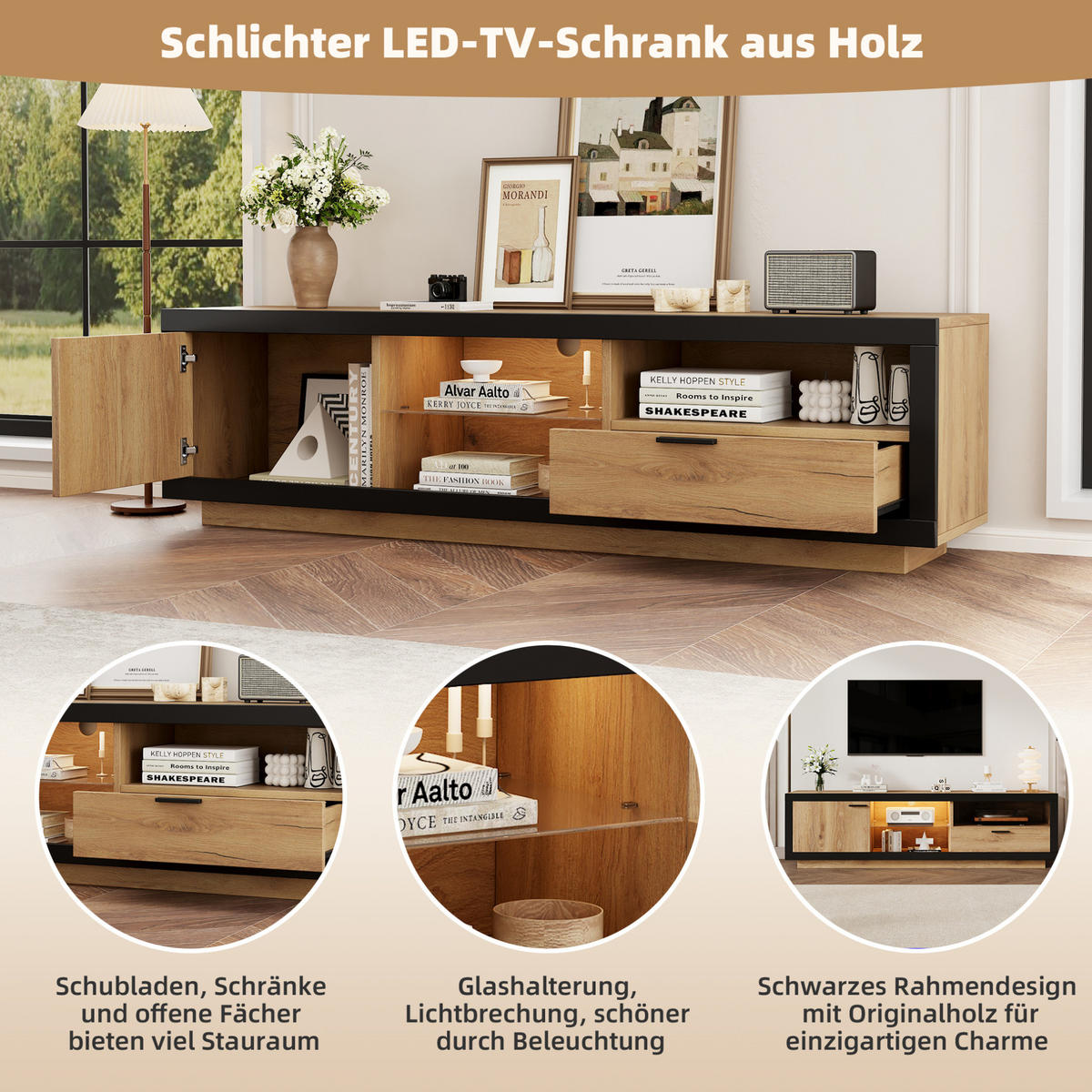 TV-LOWBOARD mit LED-Beleuchtung 160 cm Schwarz/Eiche - Schwarz, Holzwerkstoff (40/50/160cm) - Beauniv