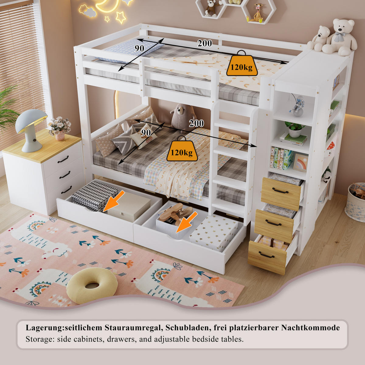 ETAGENBETT aus Holz 90x200 cm Weiß/Natur mit 2 Bettkästen, Stauraumregal, Leiter und Nachtkommode - Weiß, Holz (90/200cm) - Modfu
