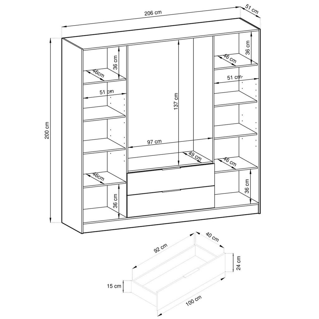 Thumbnail - Masseno Drehtürenschrank, Schwarz, Holzwerkstoff, 8 Fächer, 2 Schubladen, Rechteckig, 206x200x51 cm, Schlafzimmer, Kleid...