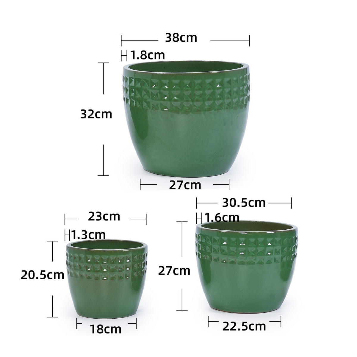 BLUMENTOPF Keramikpflanztopf-Set handgemacht & atmungsaktiver Tonware - Grün, Keramik (38/32cm)
