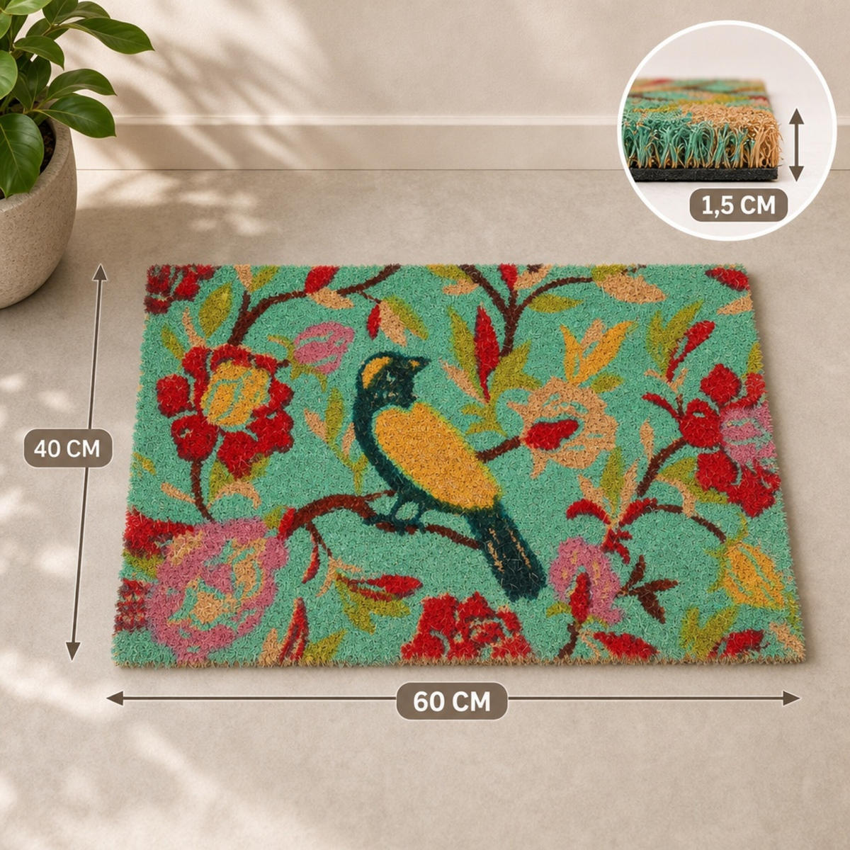 ROHOŽKA Barevná kokosové vlákno motiv ptáka 60x40 cm - různobarevná, textil/plast (60/40cm) - Relaxdays