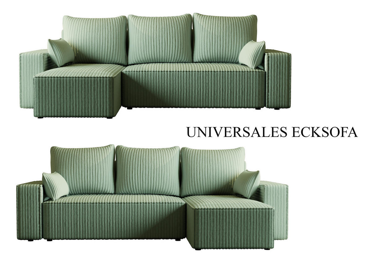 ECKSOFA Tobi mit Bettkasten und Schlaffunktion, L-Form/XL-Form, Cordstoff, Universal - Mintgrün, Holzwerkstoff (246/145cm) - 4ALL HOME