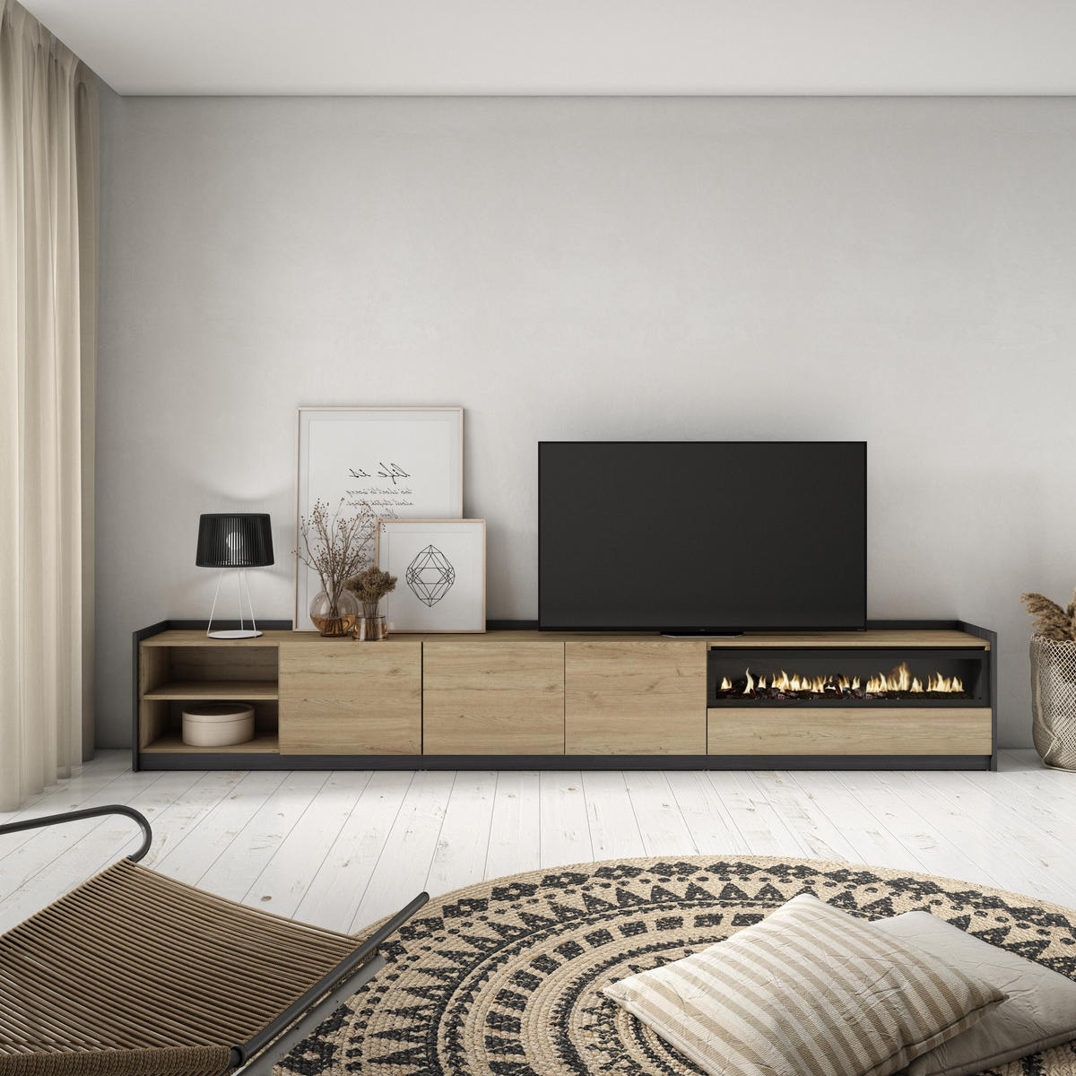 TV-SCHRANK, Lowboard, Eiche Schwarz, Elektrokamin, 310/37/50cm - Eichefarben, Holzwerkstoff (310/50/37cm) - Skraut Home