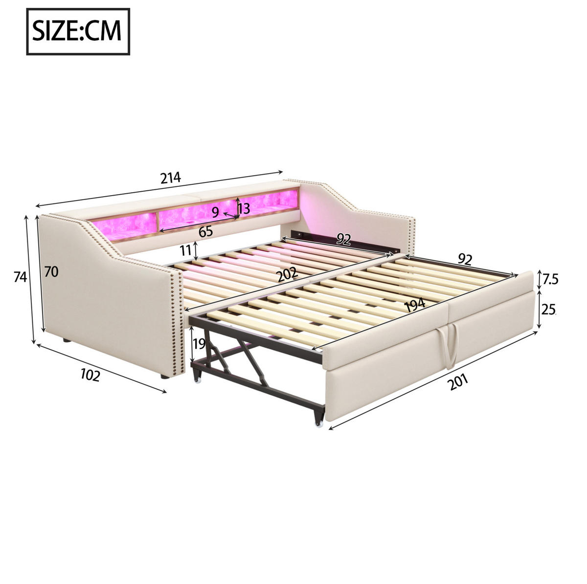 AUSZIEHBETT 90/180 x 200 cm in Beige mit LED-Beleuchtung und USB-Anschluss - Beige, Textil (90/200cm) - Flora Grace