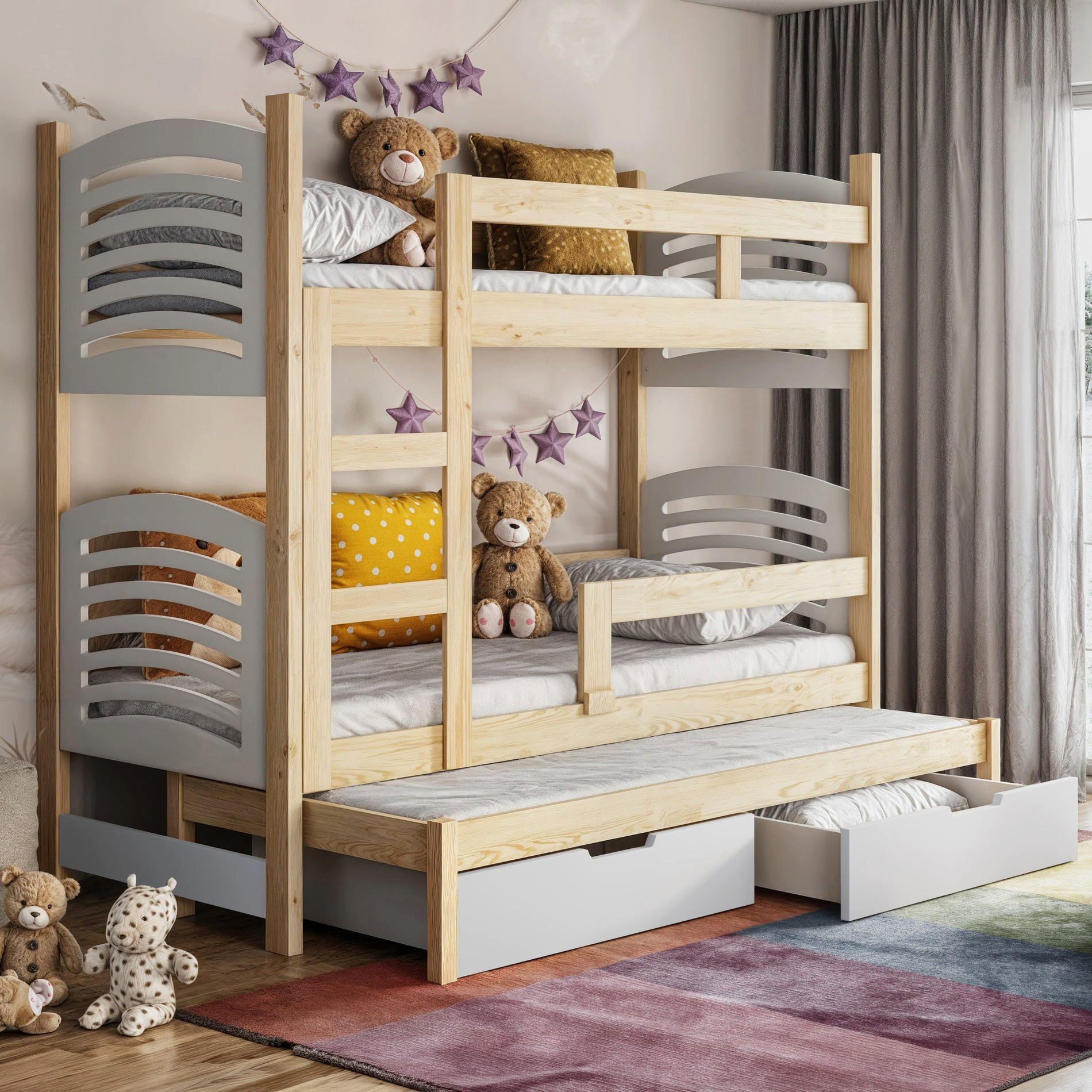 PATROVÁ postel pro 3 osoby s matracemi Cami, 75x180 cm - béžová, dřevo (75/180cm) - Selsey