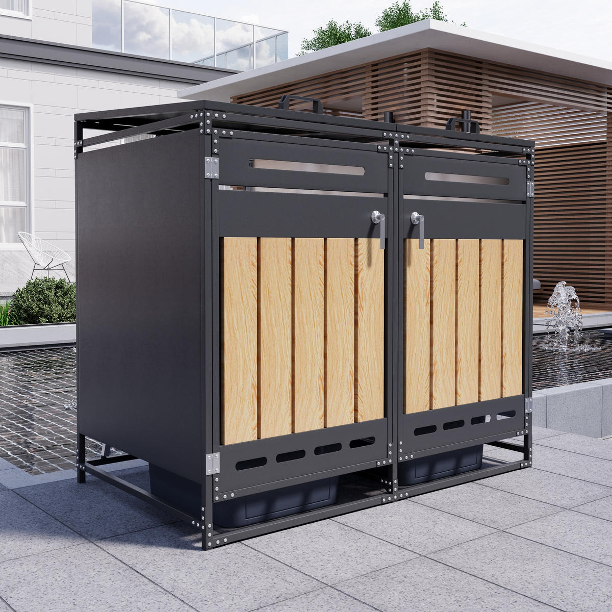 MÜLLTONNENBOX Hydraulik Deckel Holzoptik Schloss - Schwarz, Metall (131/116/79cm) - LEBENLANG
