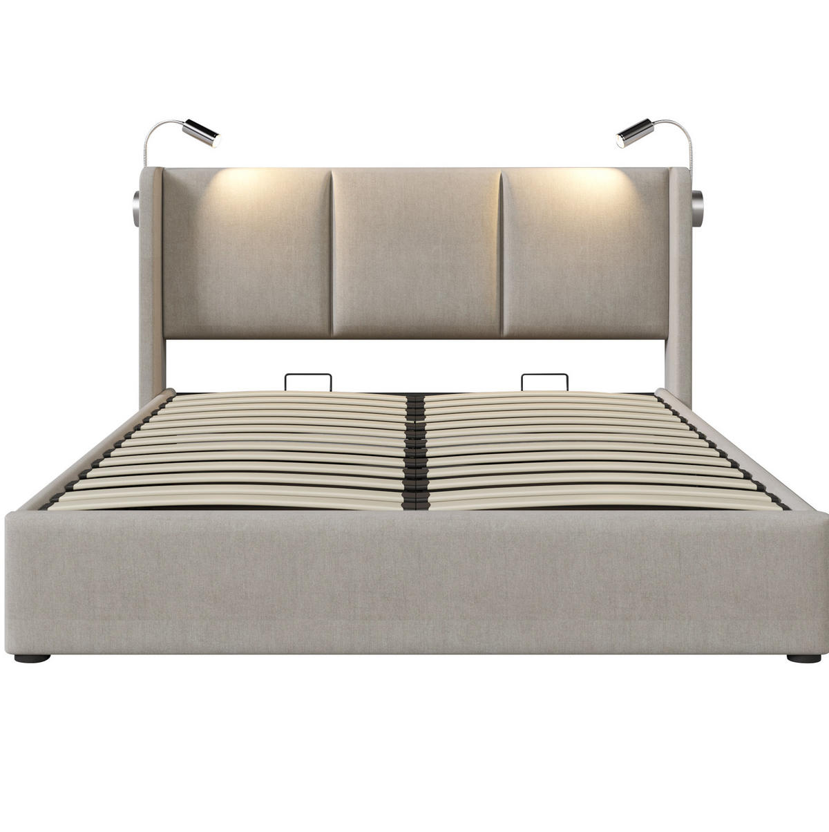 POLSTERBETT 140/200 cm mit Matratze, Leselampe, USB-Ladefunktion und Bettkasten, Leinen Beige - Beige, Textil (140/140cm) - Redom