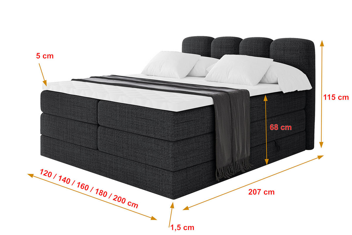 BOXBETT mit Matratze H3|H4 - NINA KING - 160x200 cm - Schwarz - Schwarz, Holzwerkstoff (160/200cm) - ALTDECOR