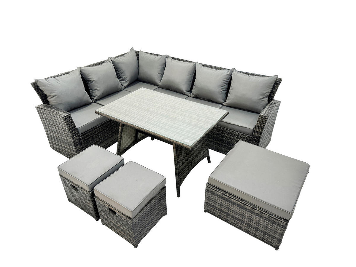 GARTEN-ECKSOFAGARNITUR mit Esstisch Polyrattan 9-Sitzer - Dunkelgrau/Grau, Glas/Kunststoff - Fimous