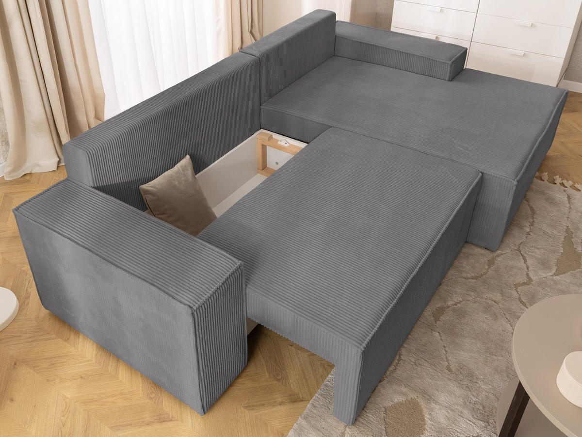 ECKSOFA Rivio mit Schlaffunktion und Bettkasten, Cordstoff Grau - Schwarz/Grau, Holz/Kunststoff (262/149cm) - S-Style