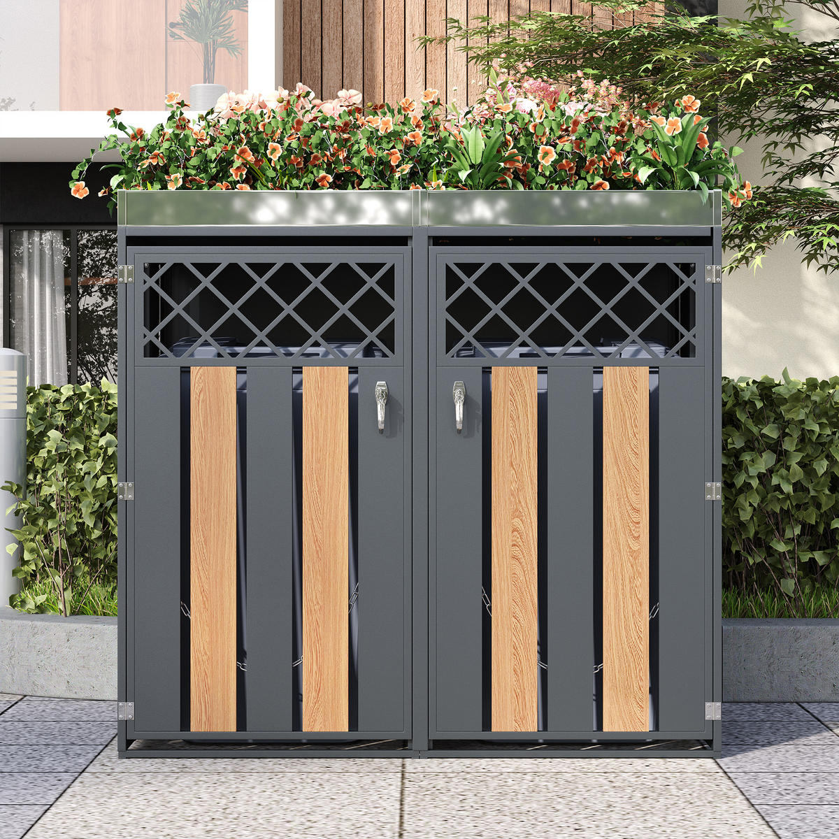 MÜLLTONNENBOX aus Stahl in Grau/Holzoptik mit Pflanzgefäß & Schloss - Grau, Metall (132/124.5/80cm) - Modfu