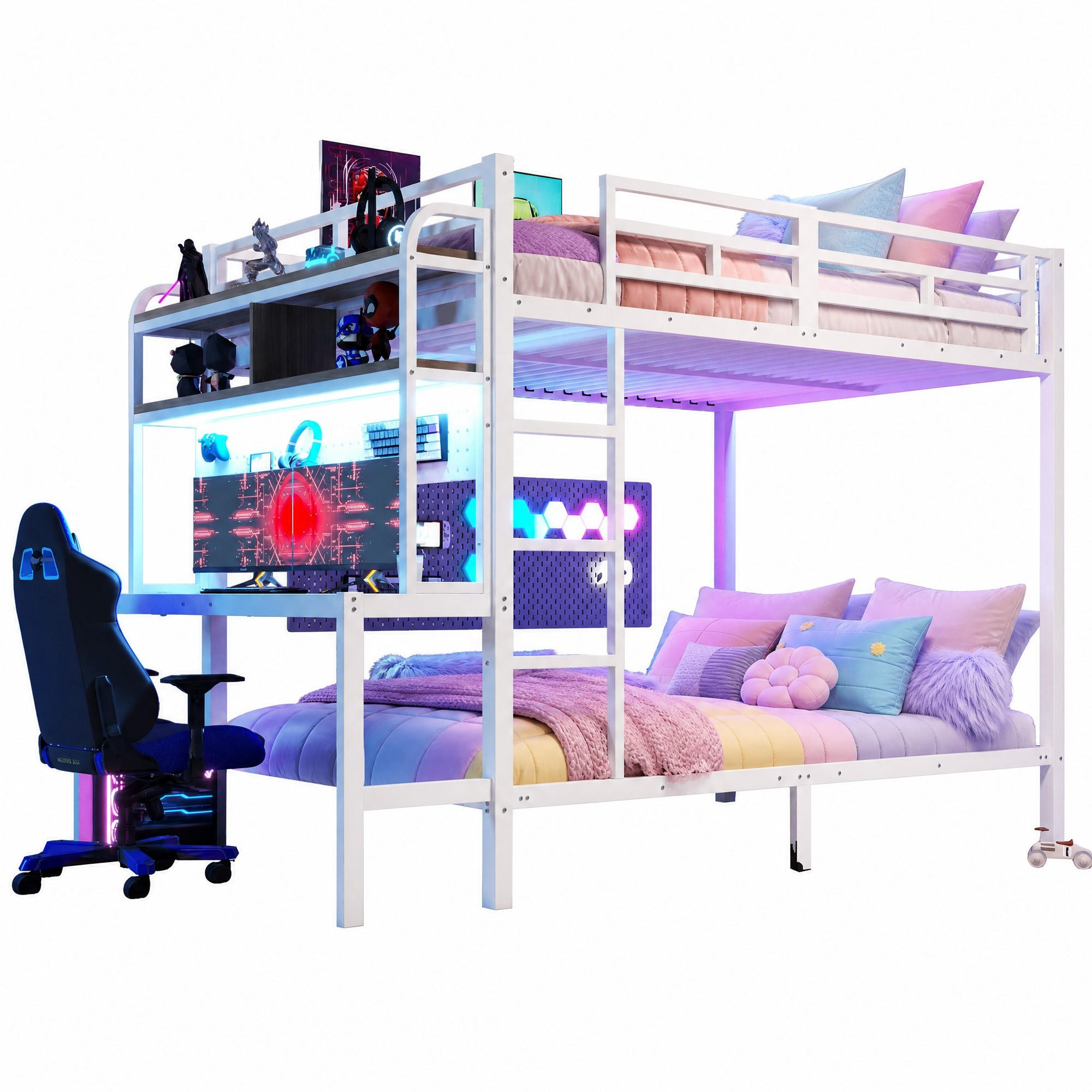 ETAGENBETT 140/200 mit LED, Schreibtisch und USB-Anschluss in Weiß - Weiß, Holzwerkstoff/Metall (140/200cm) - EVRYAE