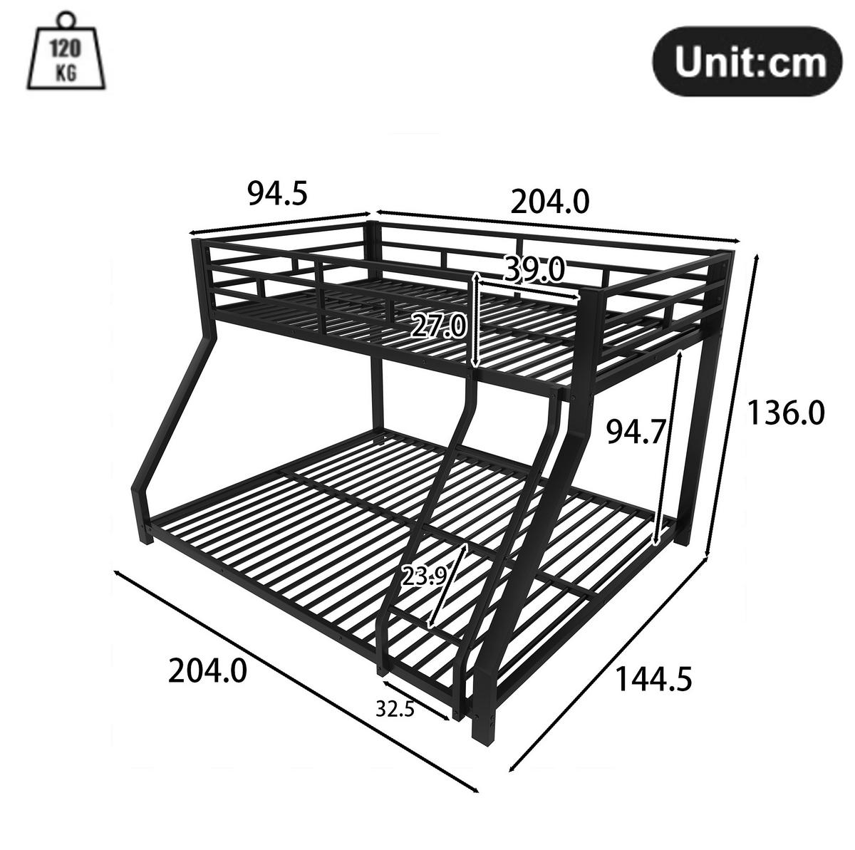 ETAGENBETT 90/200 cm und 140/200 cm mit Treppe, Geländer, Metall, Schwarz ohne Matratze - Schwarz, Metall (140/200cm) - MIVRAY