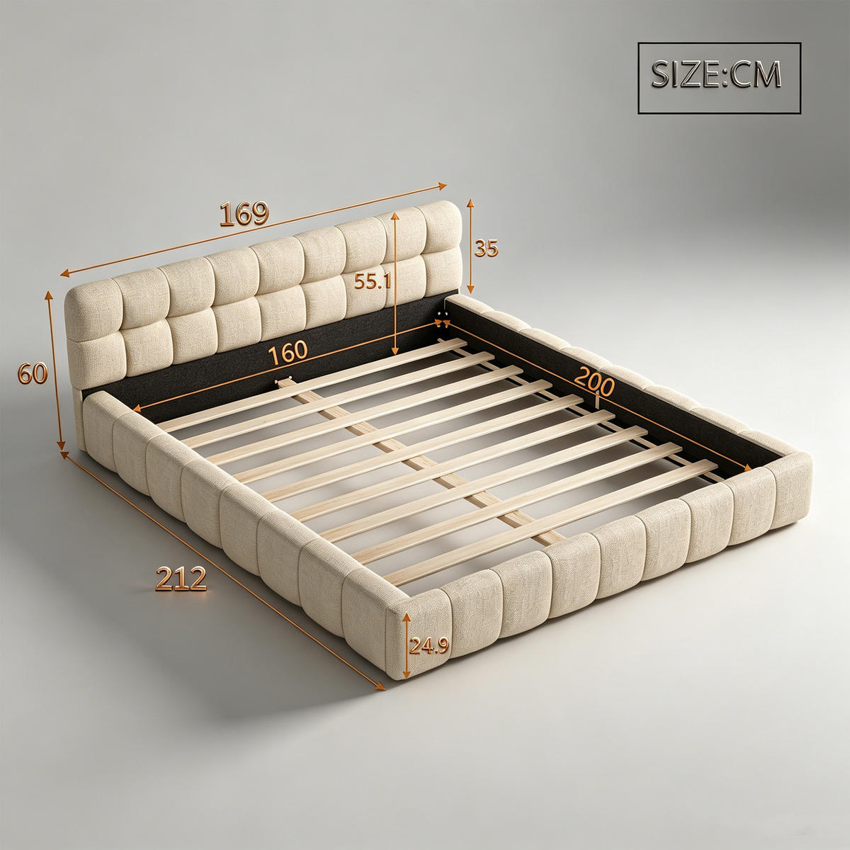 POLSTERBETT 160x200 mit Lattenrost, beige Leinen, niedriges Design mit eingelassener Matratze, sicher und stilvoll - Beige, Holz/Textil (160/200cm) - GENKI LIVING