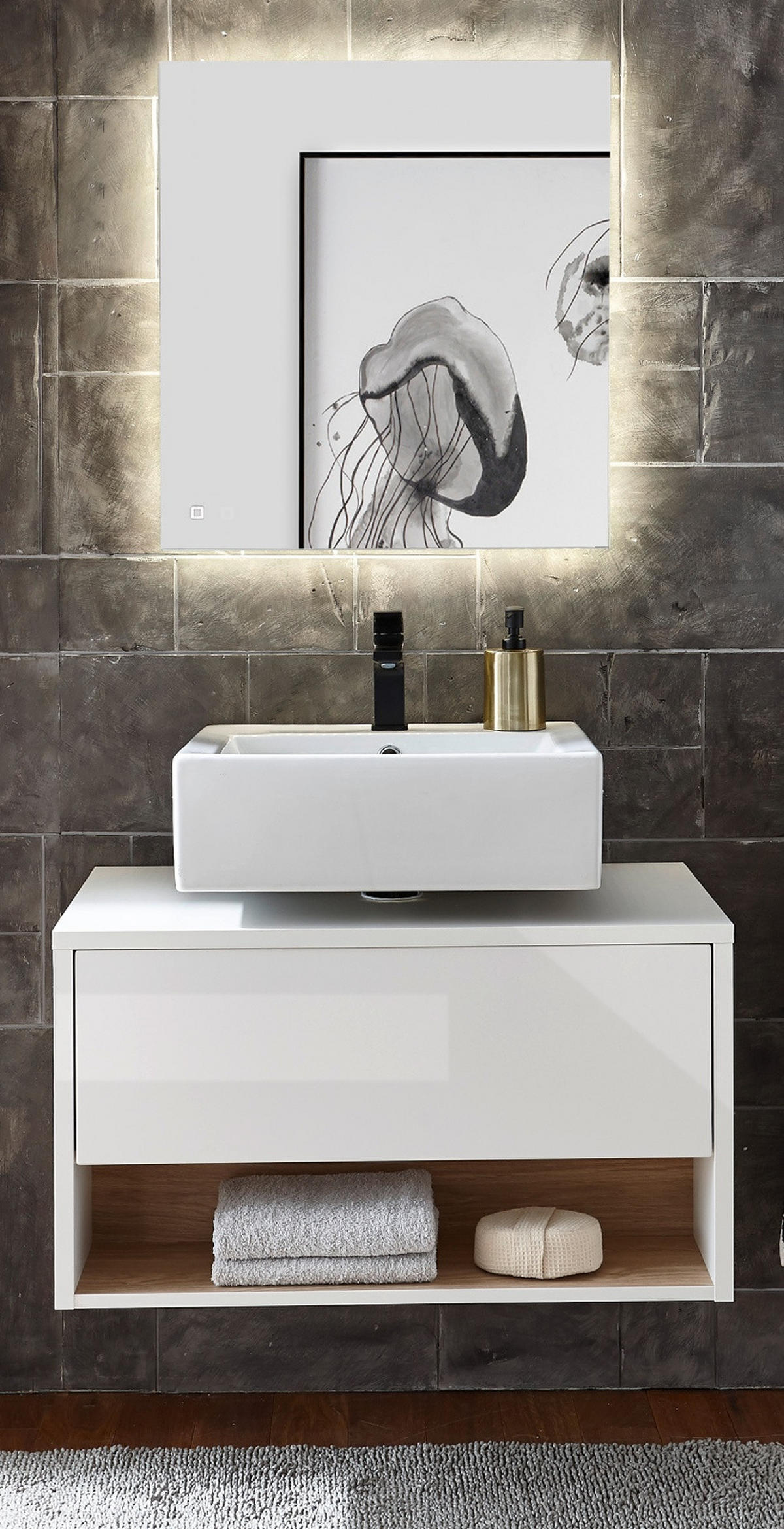 BADMÖBEL-SET 2-teilig weiß Hochglanz und Eiche, Badezimmer Set mit LED Beleuchtung, 80 cm - Weiß Hochglanz, Glas/Holzwerkstoff (80/190/46cm) - Furn.Design