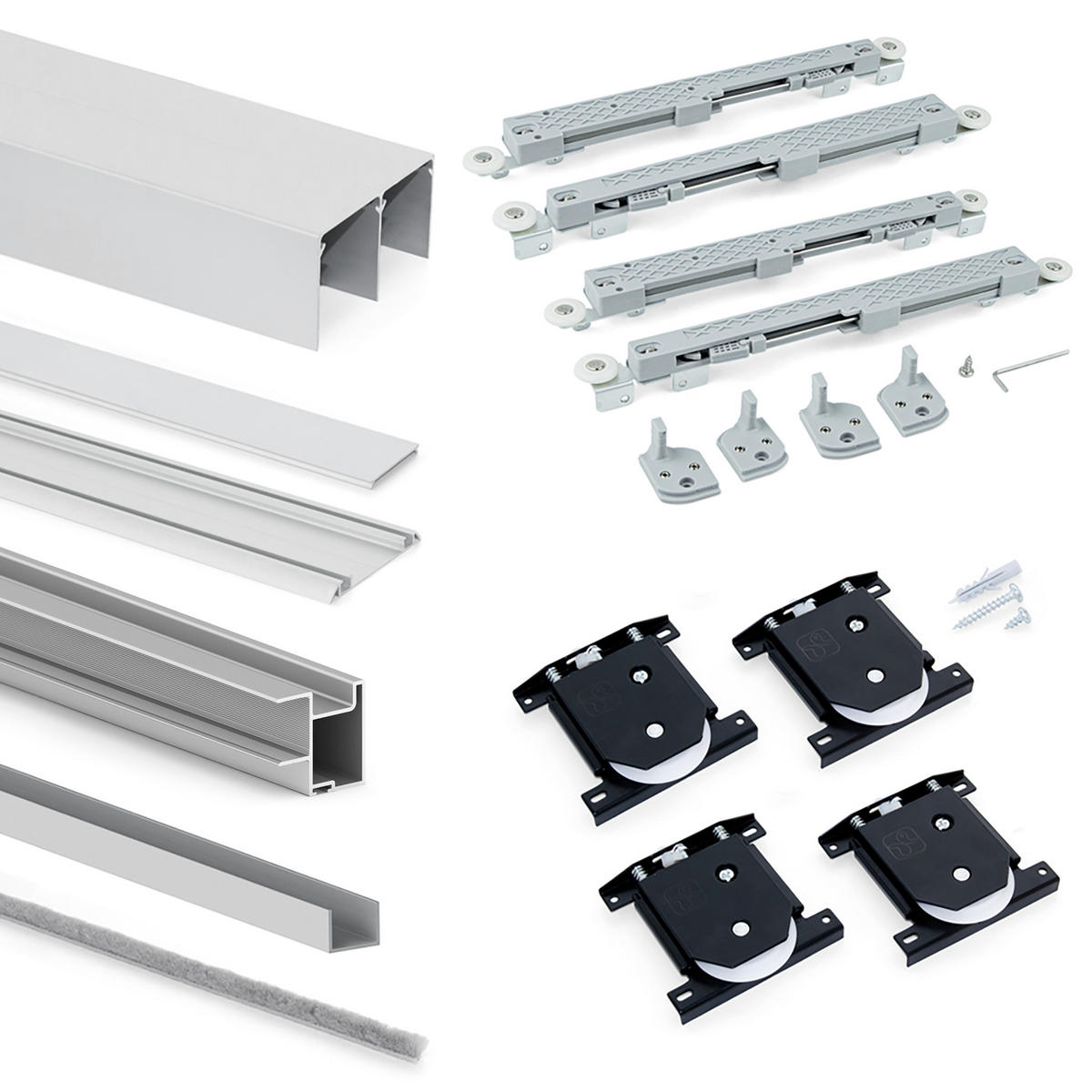 BESCHLAGSET für Placard 81 2 Schiebetüren Schrank mit sanftem Schliessen, Tiefes Profil, 18mm stark, Paneele nicht inbegriffen, Matt eloxiert - Dunkelgrau, Metall (8/6/235cm) - EMUCA