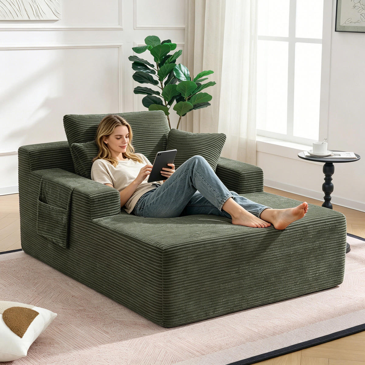 SOFA mit Seitentaschen und Kissen Cord Grün - Grün, Kunststoff (70/150/110cm) - Meubliv
