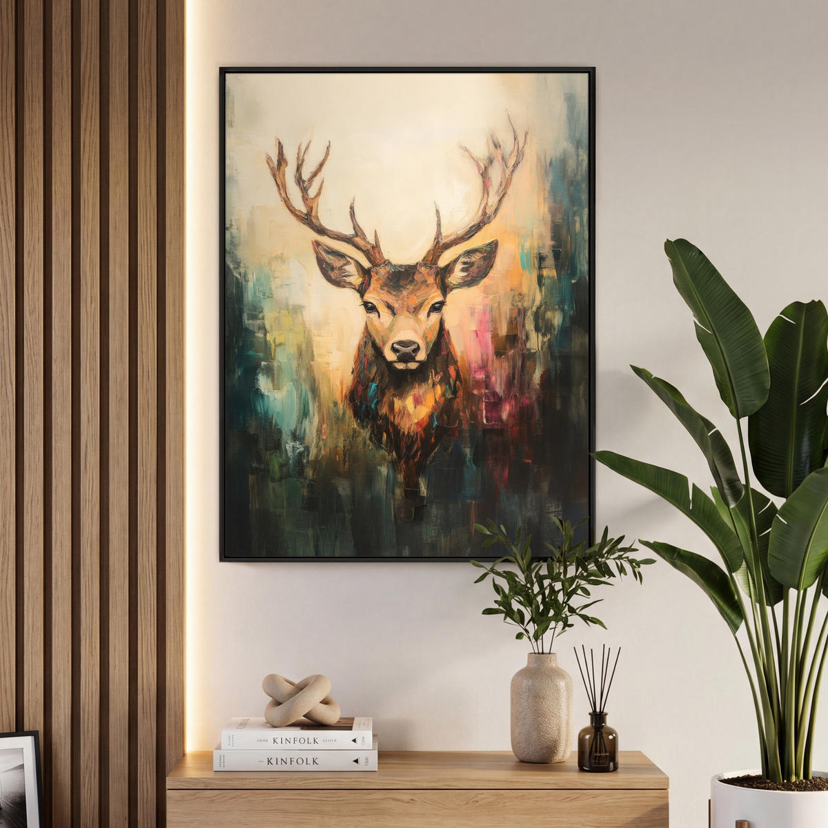 LEINWAND Bilder mit Rahmen - Hirsch - Gemalt - Geweih - Braun - 70x100 - Haselnussfarben, Textil (70/100cm) - MuchoWow