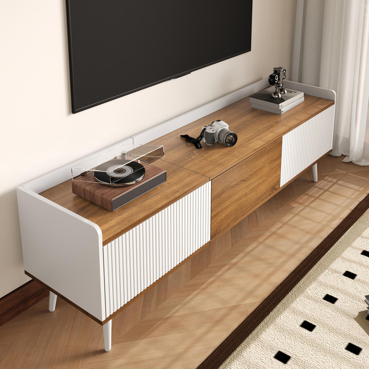 TV-BOARD aus MDF und Spanplatte 160x39x49,5 cm Weiß/Natur mit 3 Türen, erhöhtem Rand und Kippschutz - Weiß, Holzwerkstoff (160/49.5/39cm) - Modfu