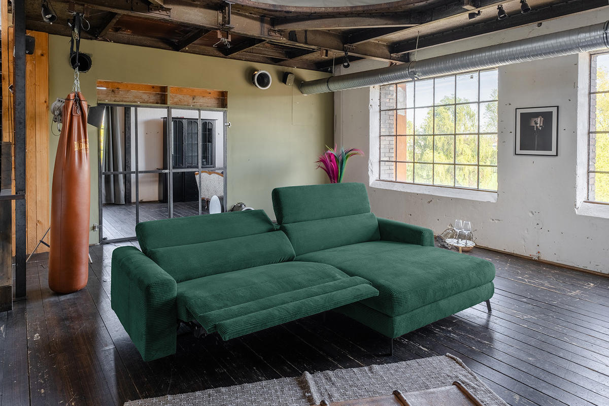 ECKSOFA LAISKA Smaragdgrün Cord Relaxfunktion - Smaragdgrün/Schwarz, Textil/Metall (282/177cm) - KAWOLA