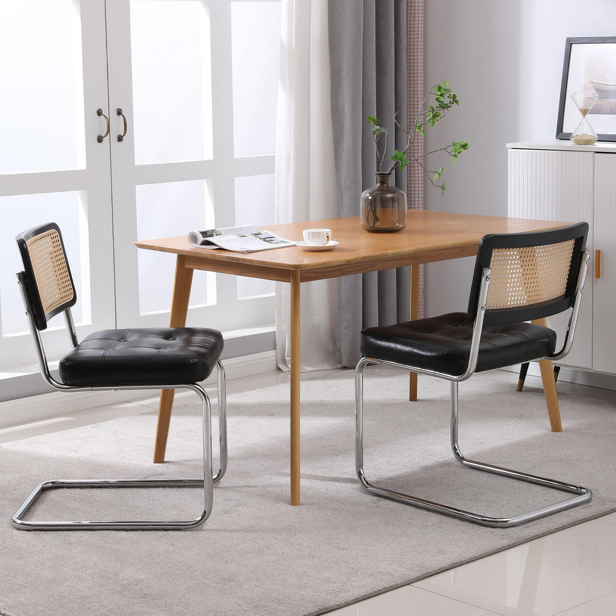 ESSZIMMERSTUHL 2er-Set mit Rattanlehne und PU-Polster, Schwarz - Schwarz, Kunststoff (50/85/61cm)