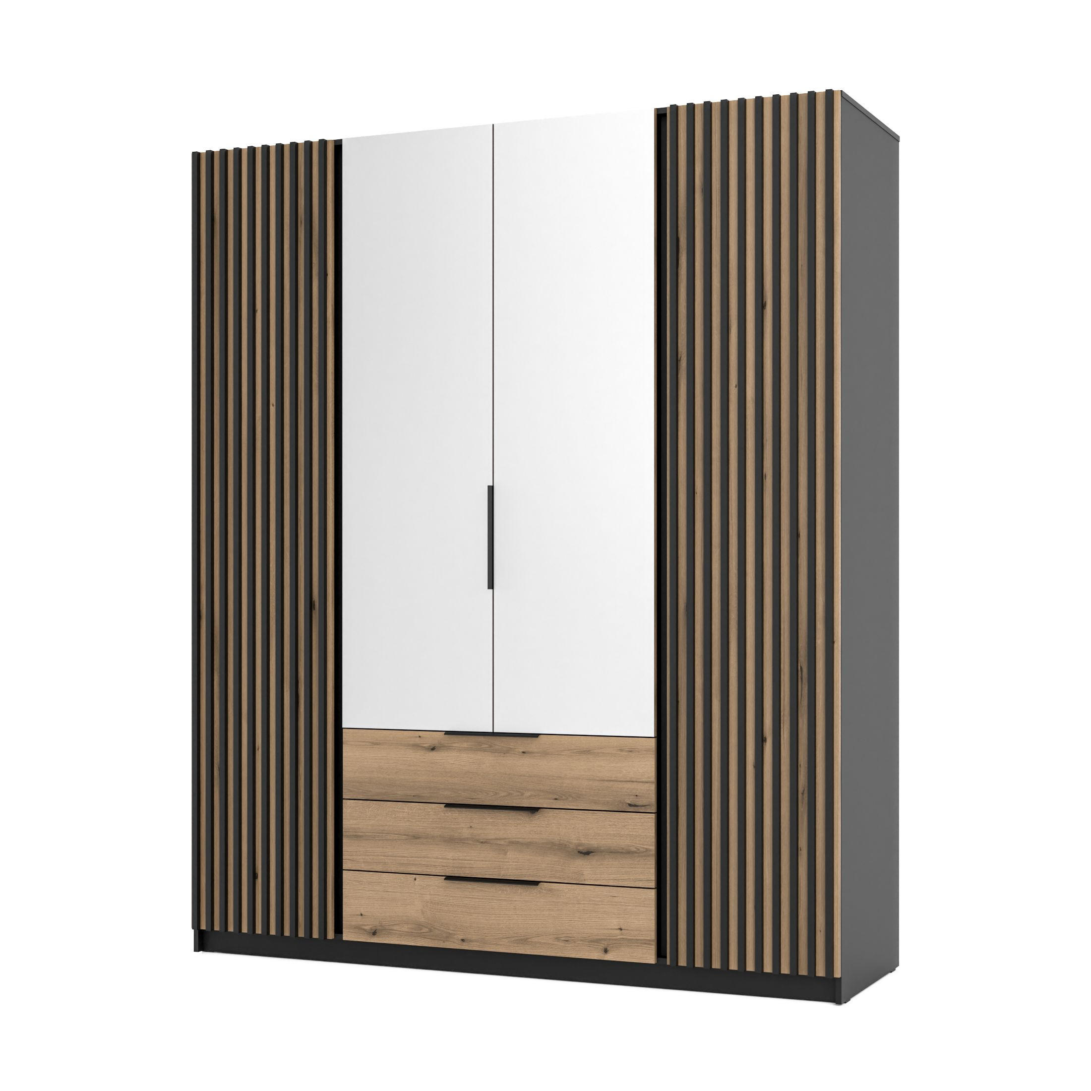 DREHTÜRENSCHRANK CAGLIARI 200/239/61,9cm 4-türig mit Spiegel Schwarz - Goldfarben/Schwarz, Holzwerkstoff (200/239/61.9cm) - MASSENO