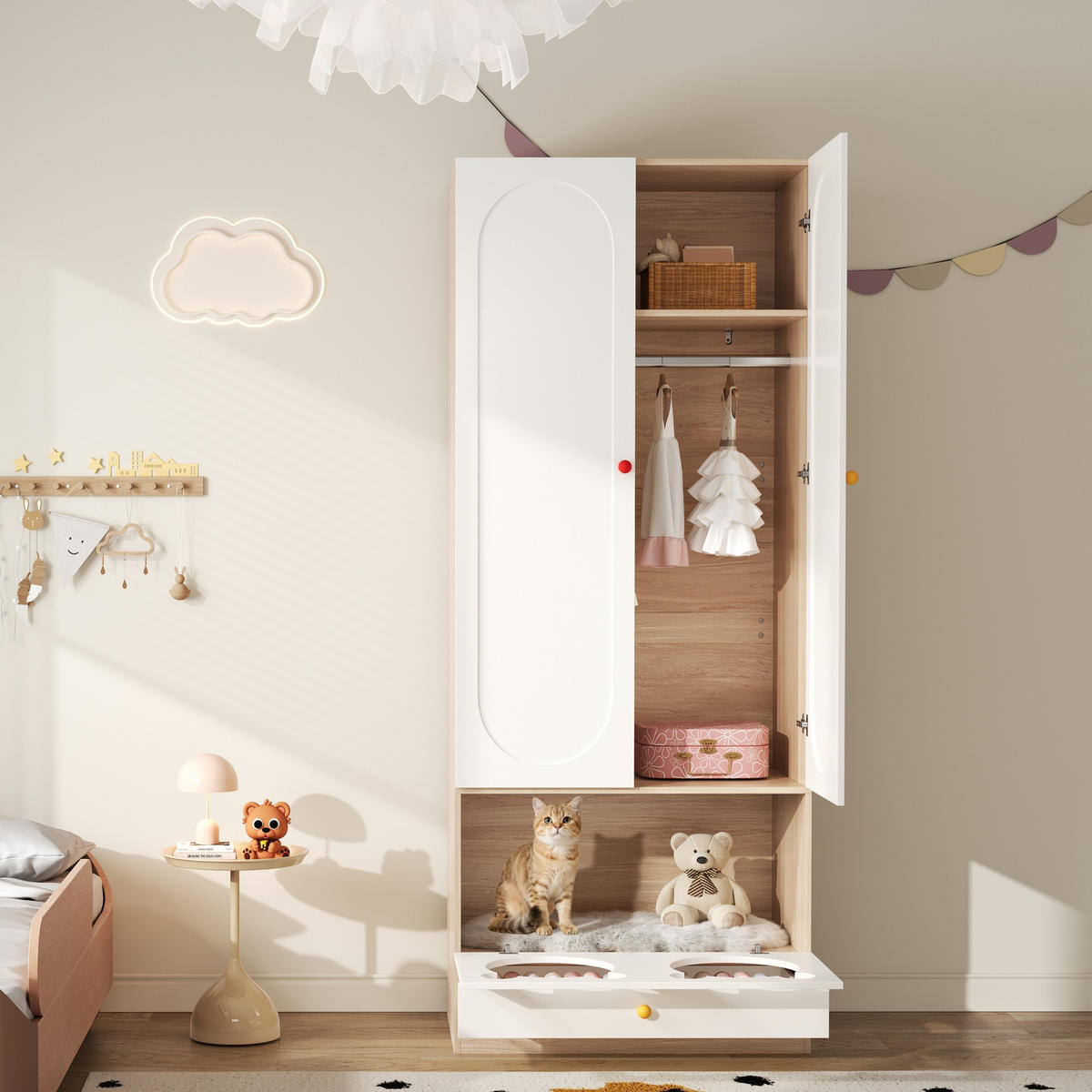 KINDER-KLEIDERSCHRANK 80x50x200cm Weiß + Natur mit Katzenbett Keramikgriffe - Multicolor, Holz (50/200/80cm) - FLIEKS