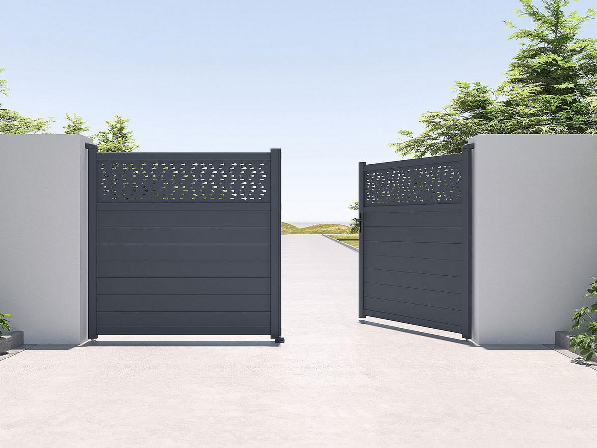 GARTENTOR Flügeltor mit Torantrieb - 355 x 181 cm - Aluminium - Halbvoll mit Muster - Anthrazit - BAZIO - Anthrazit, Metall (350/176cm) - Vente-Unique