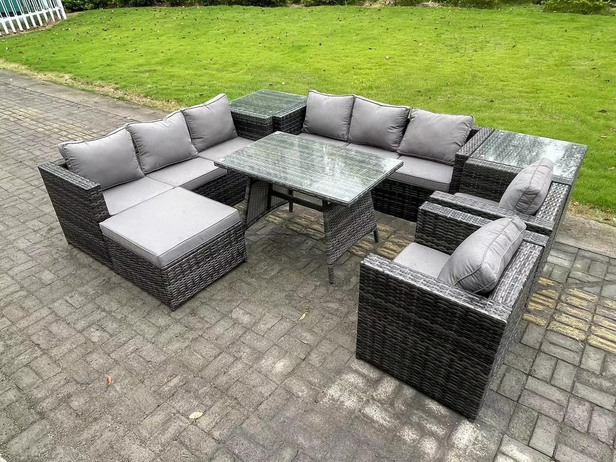 GARTENMÖBELSET mit Hocker,Beistelltisch 9-Sitzer Grau - Dunkelgrau/Grau, Glas/Kunststoff - Fimous