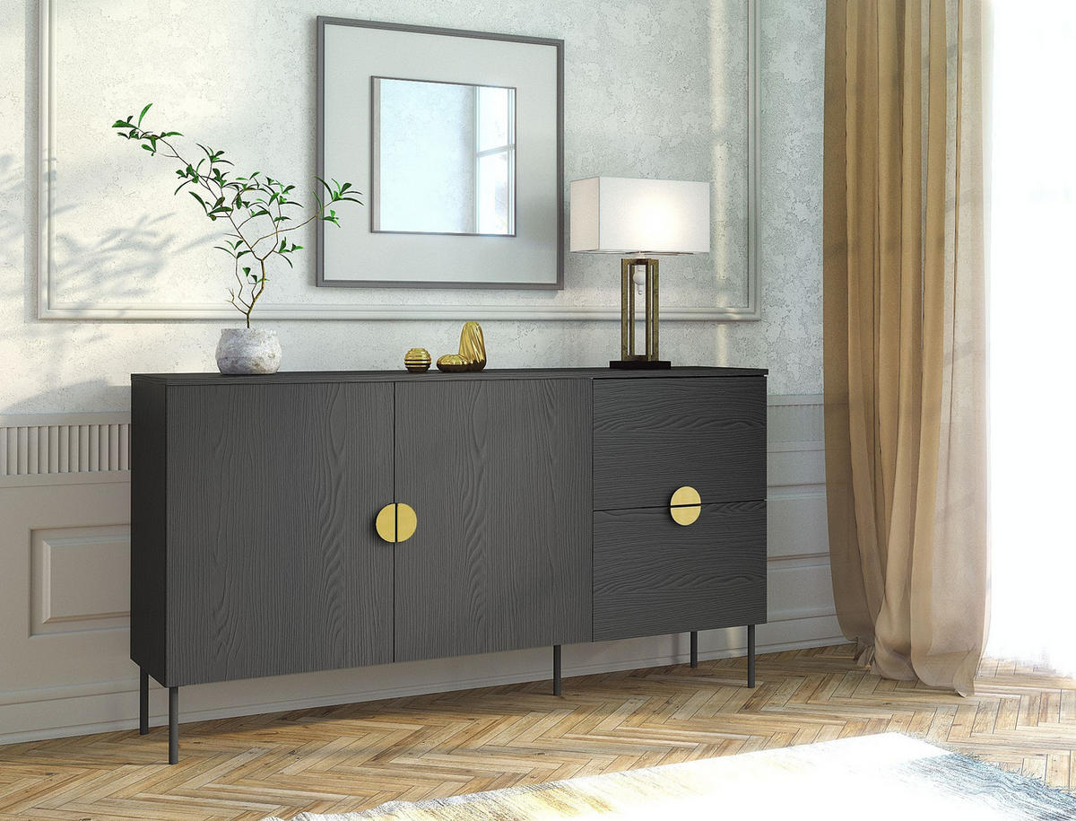 KOMMODE AXIS 159,9/87,6/40cm mit 2 Schubladen 2 Türen Schwarz - Schwarz, Holzwerkstoff (159.9/87.6/40cm) - MASSENO