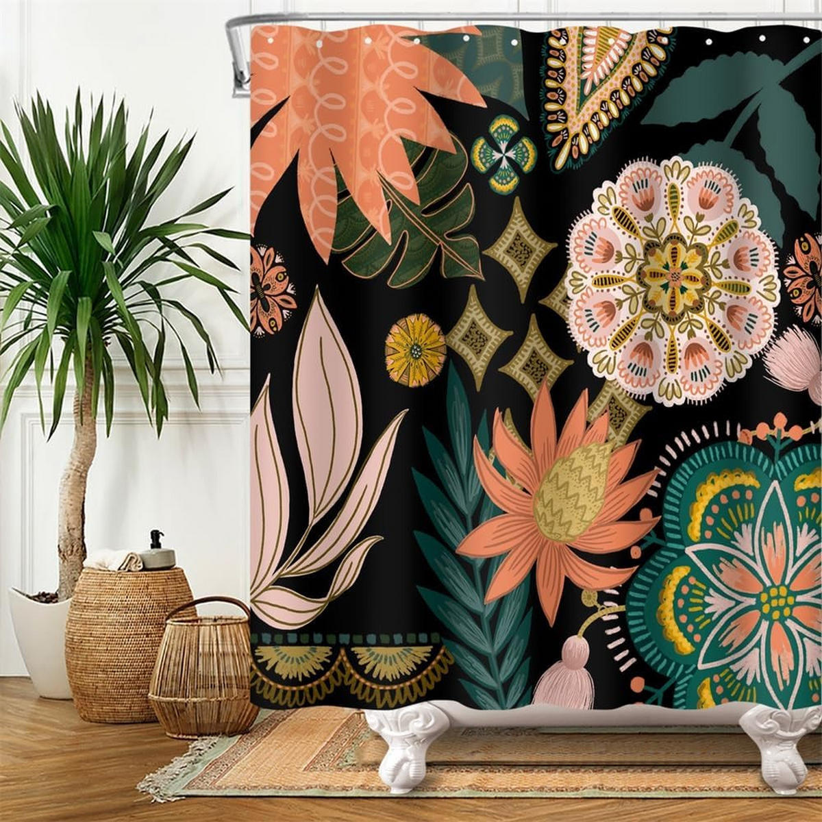 DUSCHVORHANG Rosa Blumen Blatt Grün Badewanne schimmelresistent wasserdicht Stoff Polyester waschbar Badezimmer - Multicolor, Textil (180/180cm) - MCBOSON