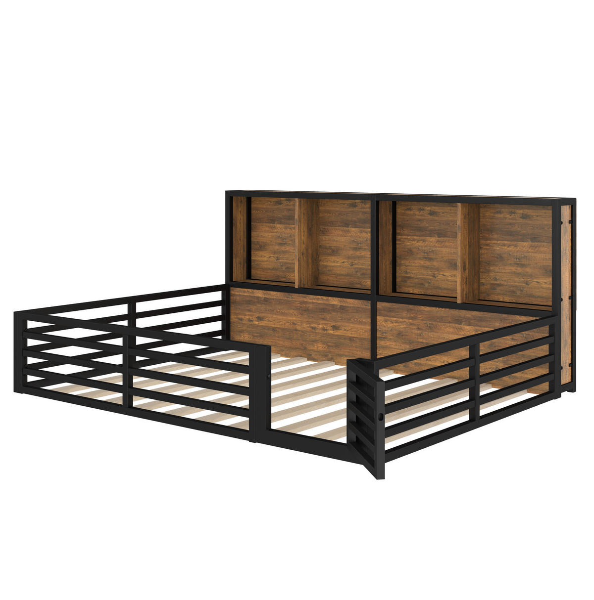 KINDERBETT 140/200 cm mit LED-Beleuchtung, seitlichen Ablagefächern, Lattenrost und Metall/MDF-Gestell, Schwarz - Schwarz, Holzwerkstoff (140/200cm) - Redom