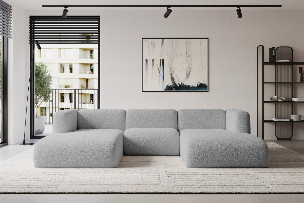 WOHNLANDSCHAFT MIRA-U1 317x179x70 Hellgrau Bouclé - Silberfarben/Hellgrau, Holzwerkstoff/Kunststoff (317/70/179cm) - ALTDECOR